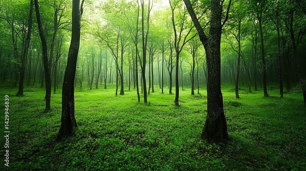 Fototapeta premium Lush green forest floor bathed in soft, diffused light.