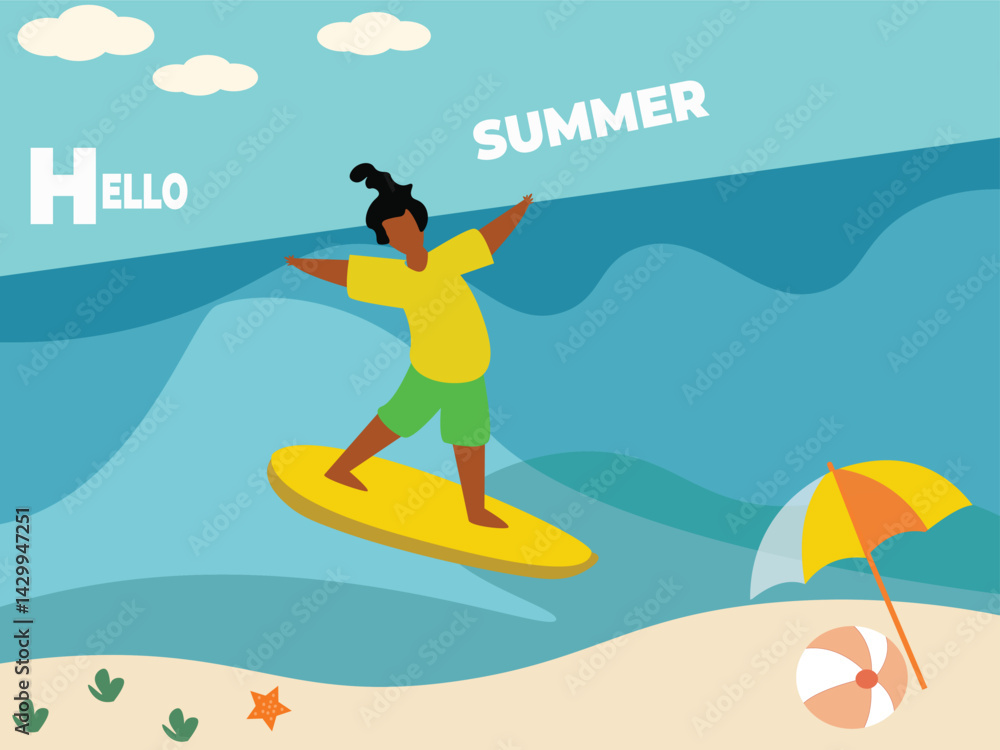 summer shopping event illustration, sea view with surfing concept for poster banner design summer shopping event illustration, sea view with surfing concept for poster banner design
