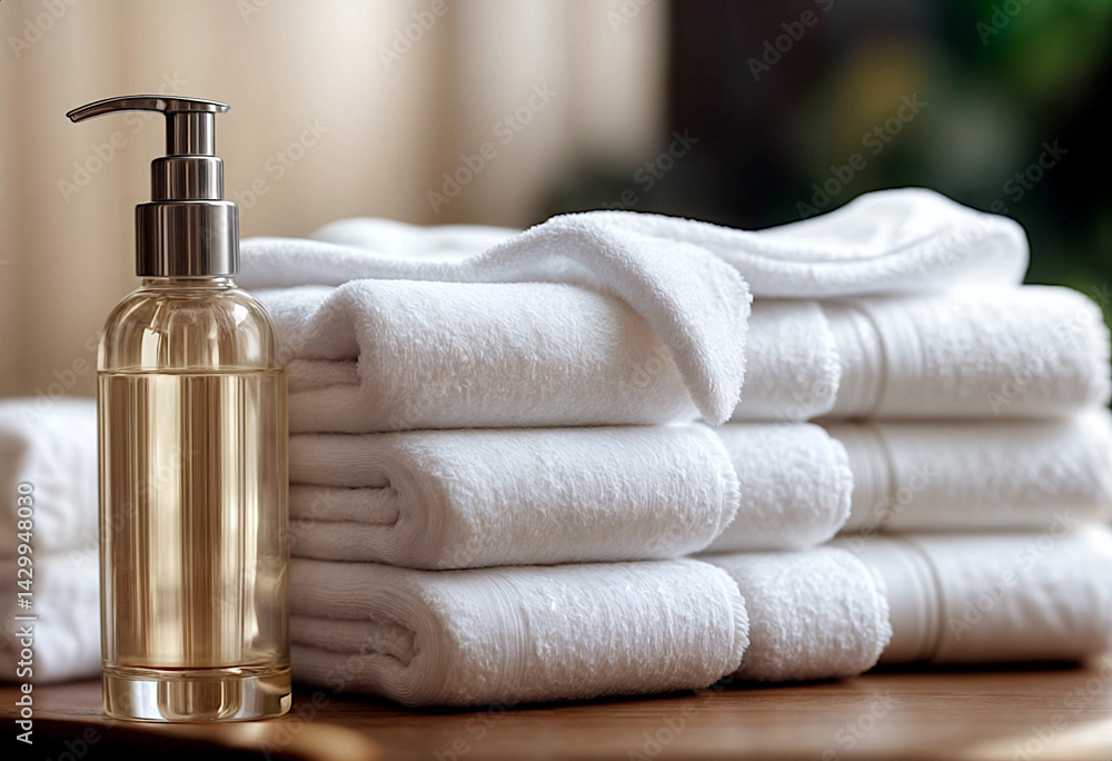 White folded towels and transparent bottle with a lotion dispenser on a light background, creating a spa and cleanliness atmosphere. Concept emphasizes minimalism, self-care, and home comfort. White folded towels and transparent bottle with a lotion dispenser on a light background, creating a spa and cleanliness atmosphere. Concept emphasizes minimalism, self-care, and home comfort.