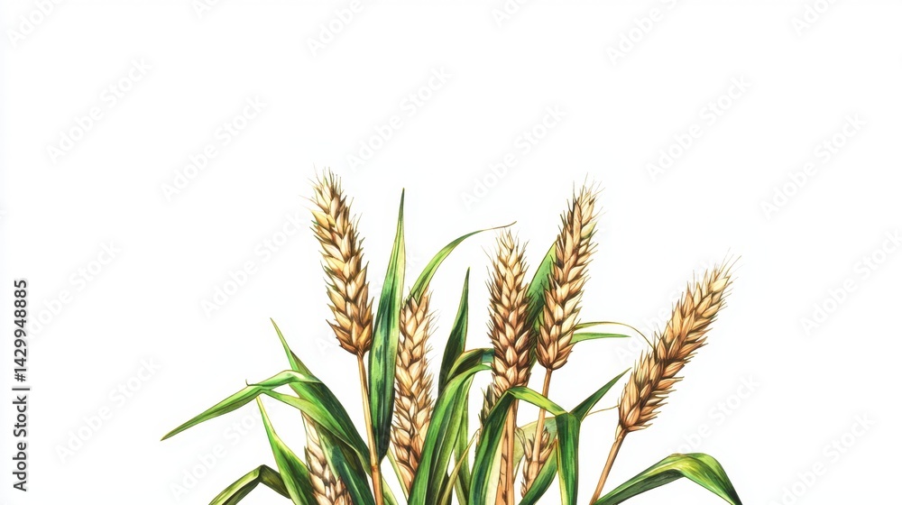 Golden Wheat Stalks with Green Leaves Isolated on White Background Golden Wheat Stalks with Green Leaves Isolated on White Background