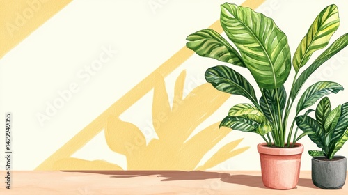 Lush Green Plants in Stylish Pots Against Soft Yellow Background