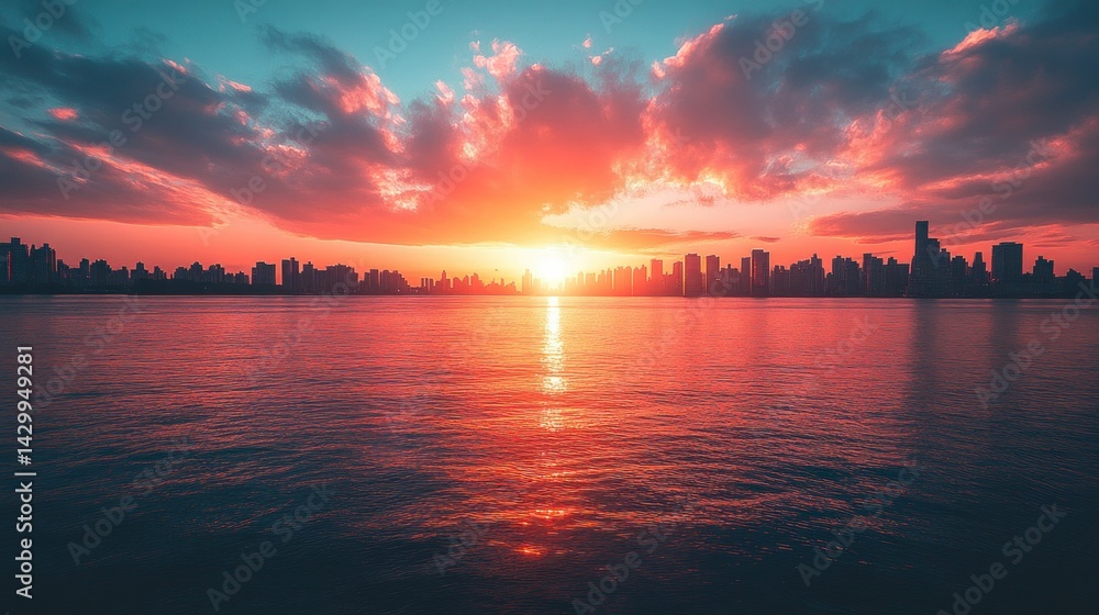 Fototapeta premium City skyline at sunset over water (1)