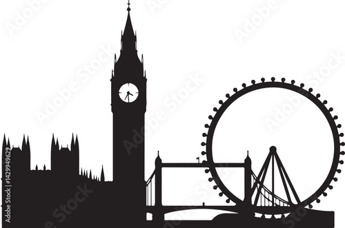 London skyline silhouette vector, silhouette, skyline, city, vector, pairs, London, architecture, building, tower, illustration, travel, bridge, cityscape, landmark, couple, europe, business, new york