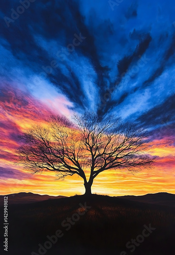 Lonely tree against the vibrant sunset sky, high resolution ai generate image