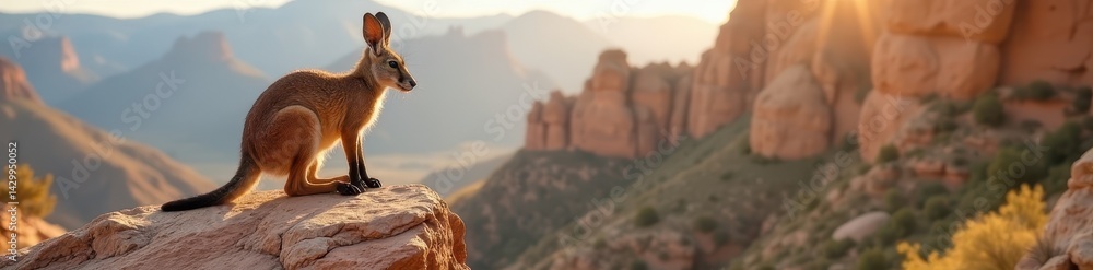 Fototapeta premium Agile rock wallaby perched on sandstone outcrop, bush, environment
