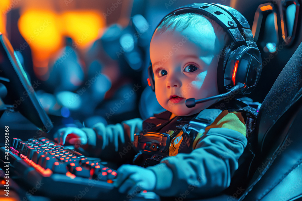 Close-up of a baby gamer wearing a headset and using a keyboard at an e-sports tournament.