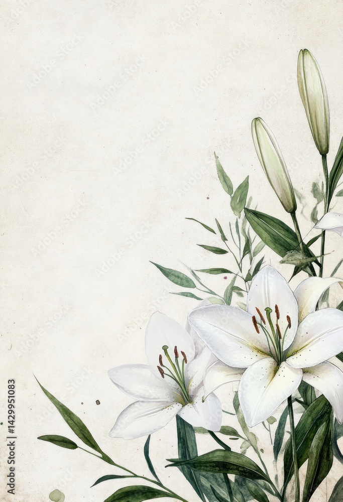 Elegant white flowers and greenery with a textured background Elegant white flowers and greenery with a textured background
