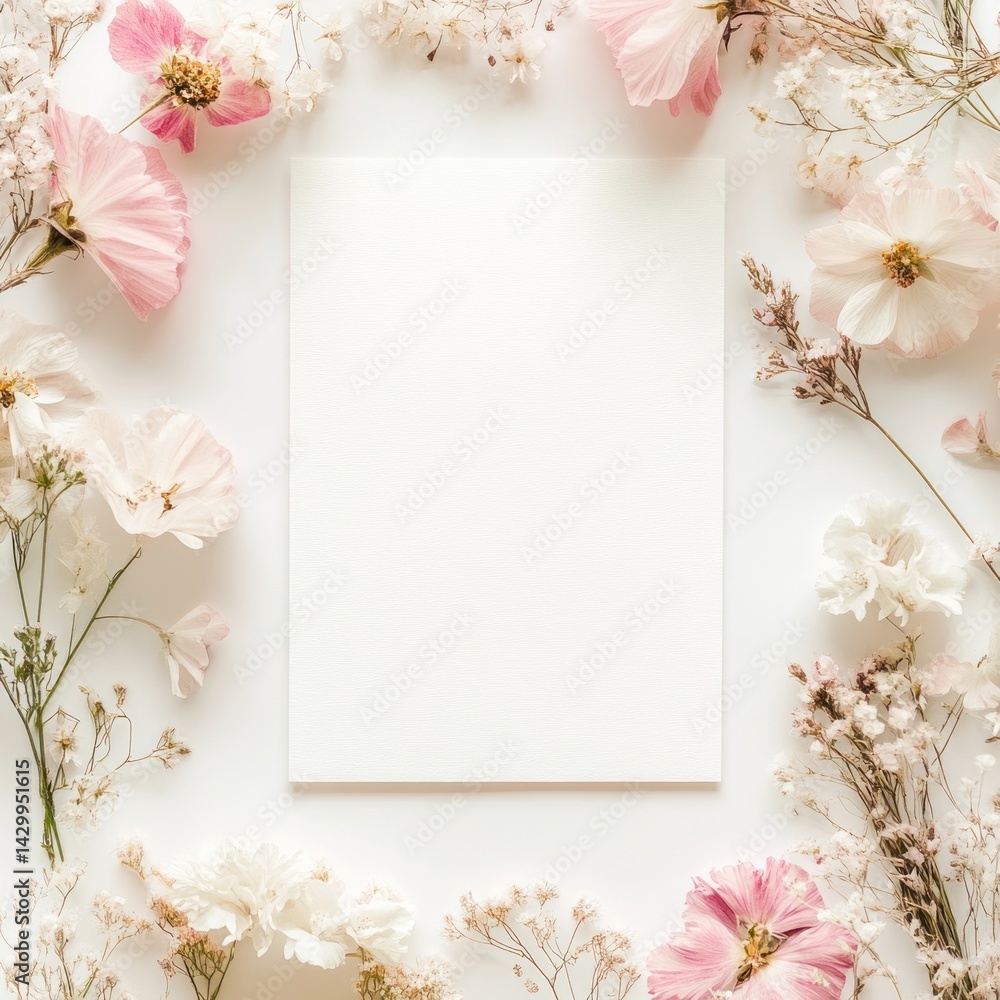 A blank white card surrounded by delicate pink and white flowers A blank white card surrounded by delicate pink and white flowers