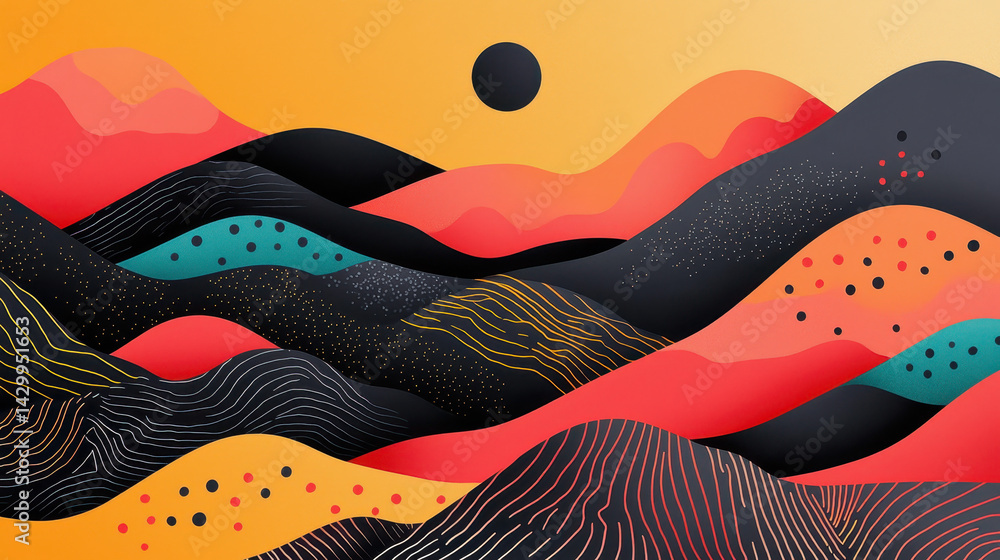Obraz premium Abstract artistic landscape illustration featu vibrant mountains flowing with textured patterns and warm sunset colors in a modern minimalist style