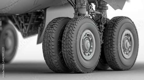 A close-up of a cargo jet reinforced landing gear built for heavy loads.