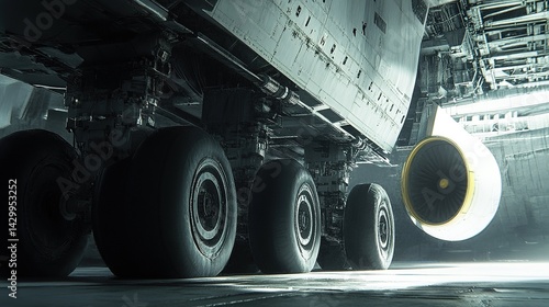 A close-up of a cargo jet reinforced landing gear built for heavy loads.