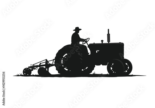 Farmer on tractor silhouette. This image shows a farmer driving a tractor with a plow attached, depicted in a black and white silhouette style. Vector clipart illustration design.