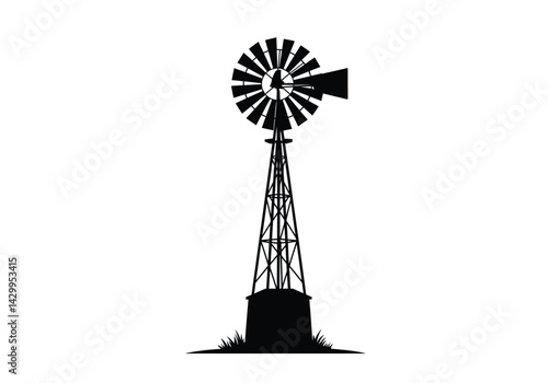 Farm windmill silhouette. A black silhouette image of a traditional farm windmill with circular blades and a lattice tower, rural agriculture and energy production. Vector clipart illustration design.