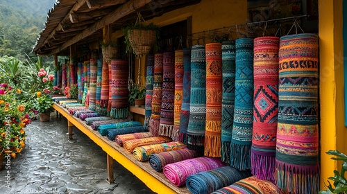 Colorful woven textiles displayed outdoors on a wooden bench.
