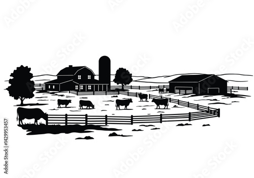 Cattle ranch silhouette. A rural farm scene image with cows grazing in a fenced pasture, a barn, a farmhouse, trees, and a silo, agriculture and countryside life. Vector clipart illustration design.