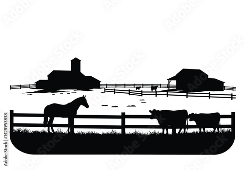 Ranch silhouette. This image shows a ranch with barns, fences, a horse, and cows depicted in a black silhouette style, symbolizing rural agriculture. Vector clipart illustration design.