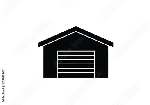 Garage silhouette. This image shows a black silhouette of a garage with a slanted roof and sectional door, also known as a storage structure or carport. Vector clipart illustration design.