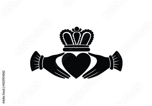 Claddagh silhouette. This image features the Irish Claddagh symbol, a heart held by two hands topped with a crown, symbolizing love, loyalty, and friendship. Vector clipart illustration design.