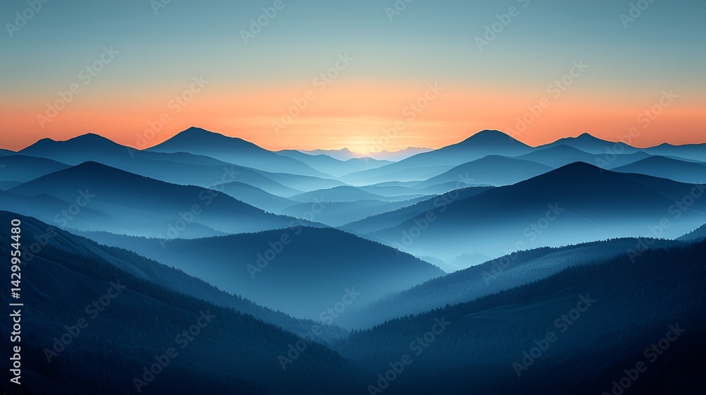 Fototapeta premium Majestic sunset over layered blue mountains.