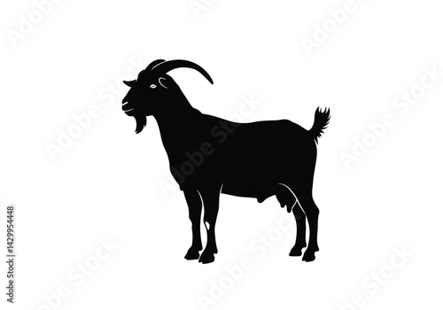 Boer goat silhouette. This image shows a black silhouette of a Boer goat with curved horns and a beard, known as a farm animal profile, symbolizing agriculture. Vector clipart illustration design.