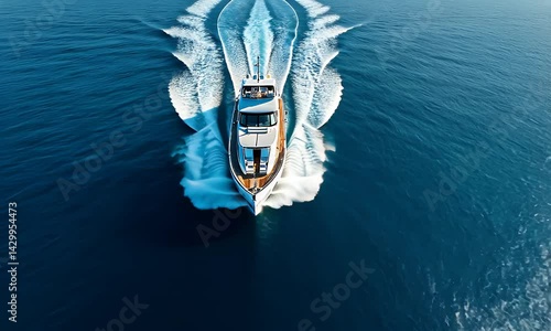 A boat gliding through water, creating white wake trails. Bright, open, tranquil. Aerial