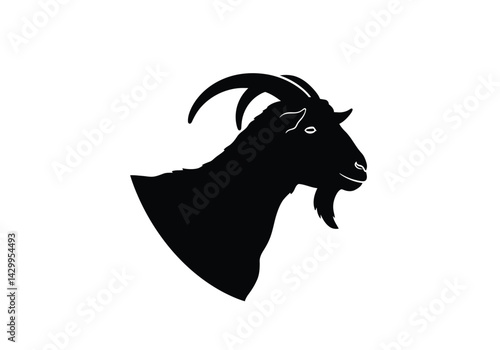 Goat head silhouette. This image shows a black silhouette of a goat's head featuring prominent curved horns and a well-defined beard, symbolizing rural wildlife. Vector clipart illustration design.
