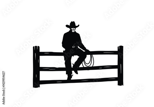 Cowboy sitting on fence silhouette. This image shows a black silhouette of a cowboy sitting on a fence holding a rope, symbolizing western lifestyle and culture. Vector clipart illustration design.
