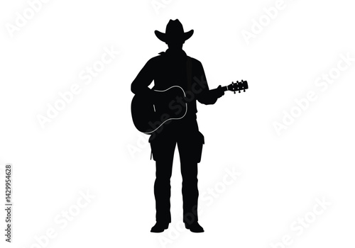 Cowboy with guitar silhouette. This image shows a cowboy playing an acoustic guitar, depicted as a black silhouette, symbolizing western music and culture. Vector clipart illustration design.