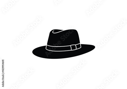 Fedora hat silhouette. This image shows a black silhouette of a fedora hat, also known as a classic or vintage headwear piece with a stylish brim. Vector clipart illustration design.