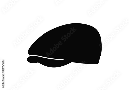 Flat cap silhouette. This image shows a black silhouette of a flat cap, also known as a newsboy cap or ivy cap, combining vintage and trendy styles. Vector clipart illustration design.