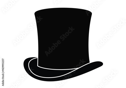 Top hat silhouette. This image shows a black silhouette of a top hat, also known as a high hat or cylinder hat, representing elegance and vintage fashion. Vector clipart illustration design.