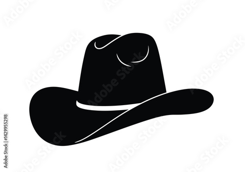Western hat silhouette. This image shows a black silhouette of a traditional western cowboy hat with a wide brim and high crown, symbolizing rustic culture. Vector clipart illustration design.