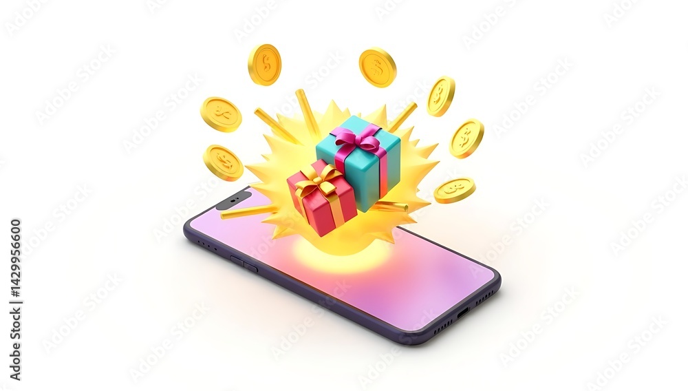 custom made wallpaper toronto digital3D illustration of a smartphone with golden coins and gift boxes bursting from the screen, symbolizing cashback rewards and online shopping bonuses. Clean white background.