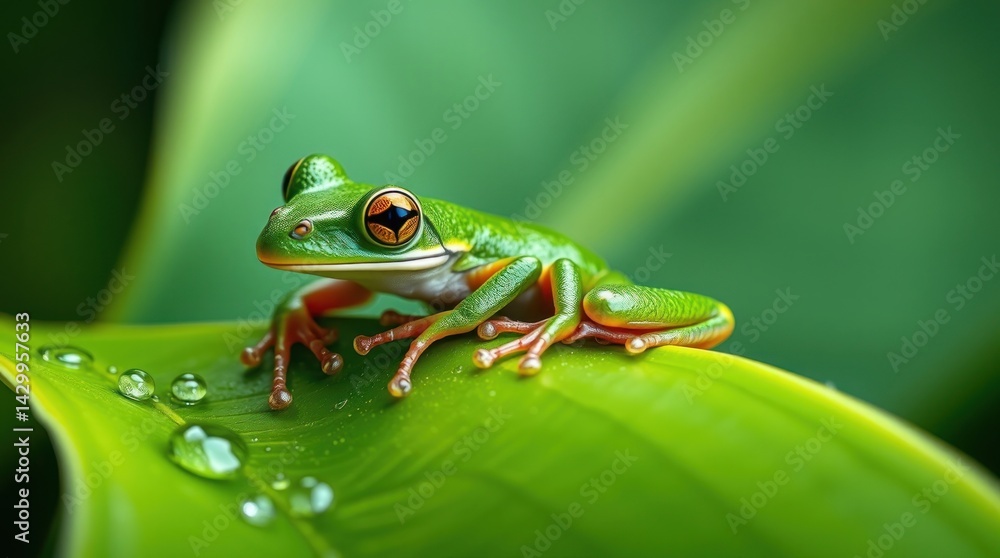 Naklejka premium Vibrant green tree frog perched on a dewy leaf