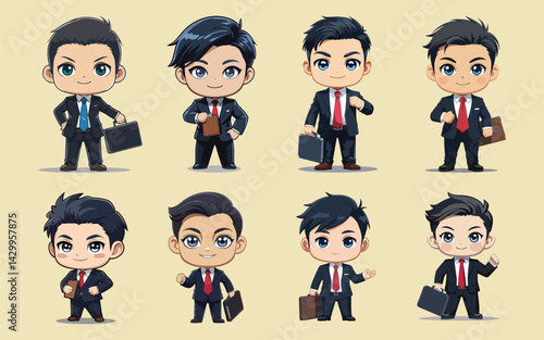 Chibi Businessman Icon Bundle in Cute Anime Style with Suitcase and Tie