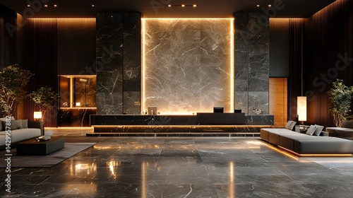 Luxurious hotel lobby with marble reception desk and warm lighting.