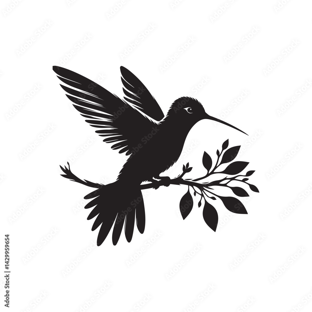 Obraz premium Hummingbird silhouette vector art illustration perched on a branch, showcasing elegance and nature. A captivating silhouette of a hummingbird in flight, poised on a branch adorned with leaves.
