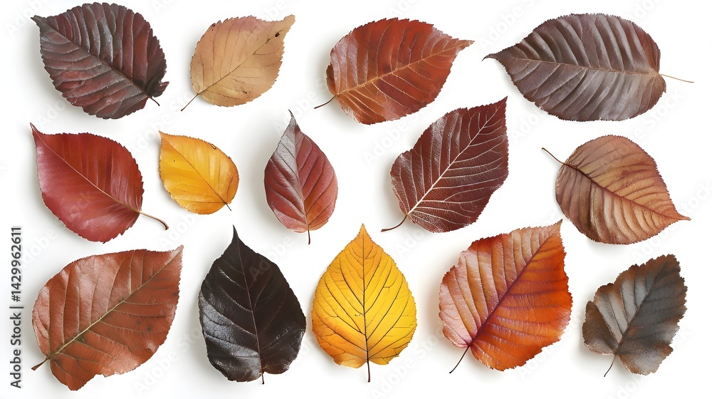 Obraz premium Winter Dead Leaves for Border Background , Autumn Leaf Collection on white background , Autumn composition, colorful leave on white background