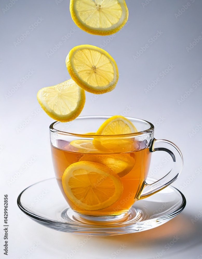 rendered glass teacup with floating lemon slices, hovering rendered glass teacup with floating lemon slices, hovering