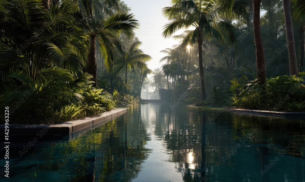 Fototapeta premium Serene Tropical Pool at Sunrise