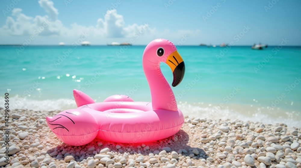 Bright pink inflatable flamingo on a pebble beach, turquoise sea water in the background, sunny tropical vacation scene Bright pink inflatable flamingo on a pebble beach, turquoise sea water in the background, sunny tropical vacation scene