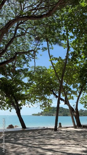 Pristine southern Thai coast with gentle waves and endless sky,  trees in sight