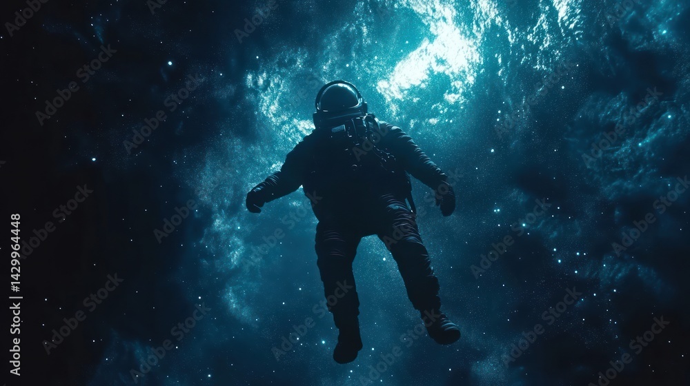 An astronaut floating in the cosmic dark space with starlight