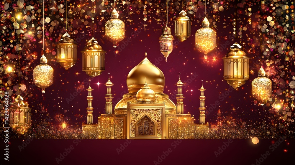 Obraz premium Golden Mosque Ramadan Festive Background Lanterns Glitter