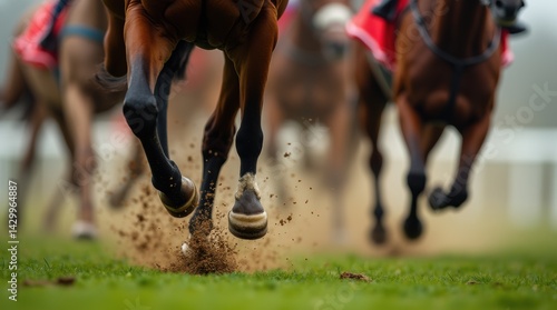 close-up of powerful horse hooves kicking up dirt mid-gallop, red saddle cloth visible, vibrant green turf of Aintree track