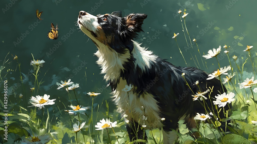 Obraz premium Dog Gazing at Butterfly