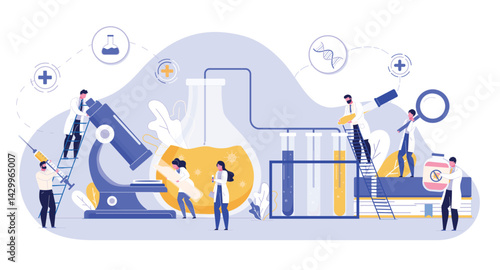 Cartoon scientists collaborate in a lab to research and develop medical solutions