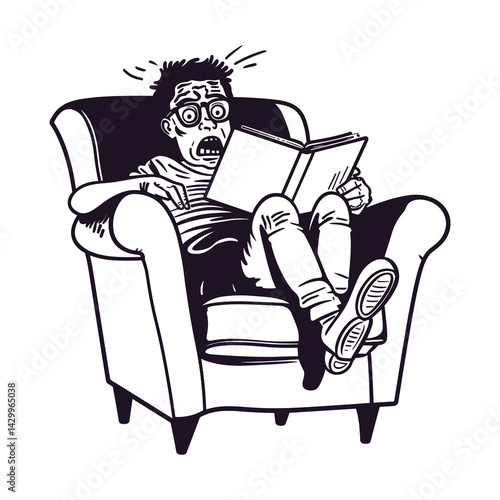 Person reading a scary book, shocked and scared, humorous illustration