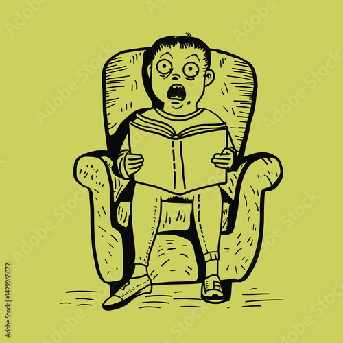 Person reading a scary book, shocked and scared, humorous illustration