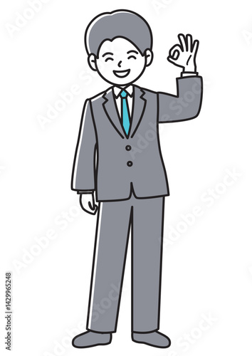 指でOKマークを作るビジネスマンの正面向きベクターイラスト
